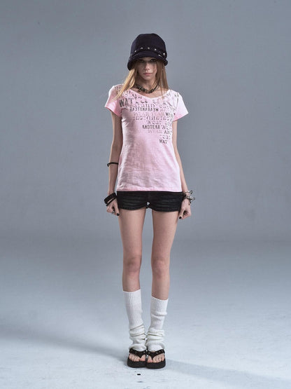 wear And tear Reversible Letter Print Slub Sheer Slim Women&