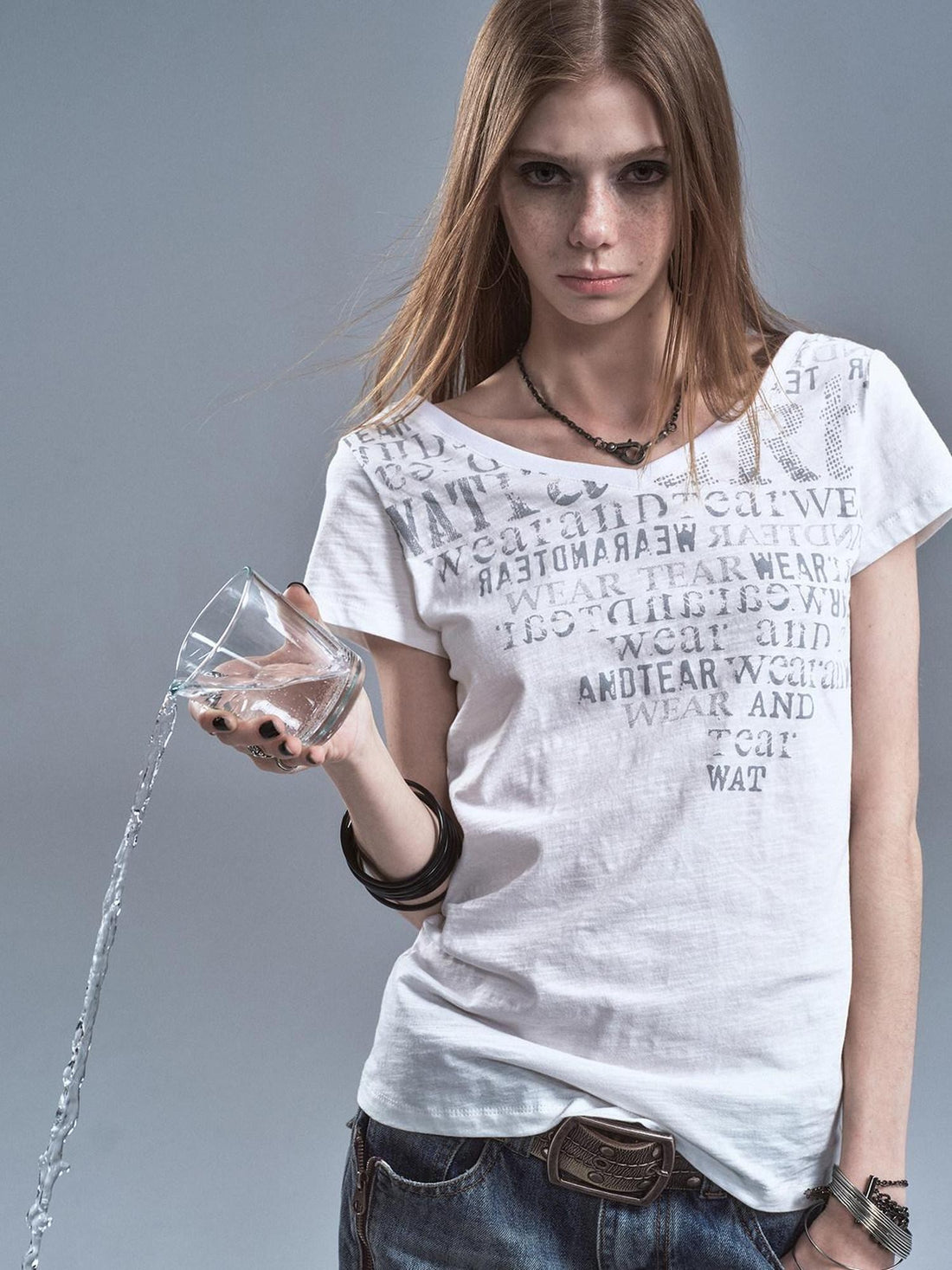 wear And tear Reversible Letter Print Slub Sheer Slim Women&