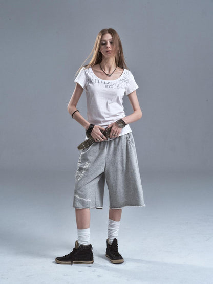 wear And tear Reversible Letter Print Slub Sheer Slim Women&