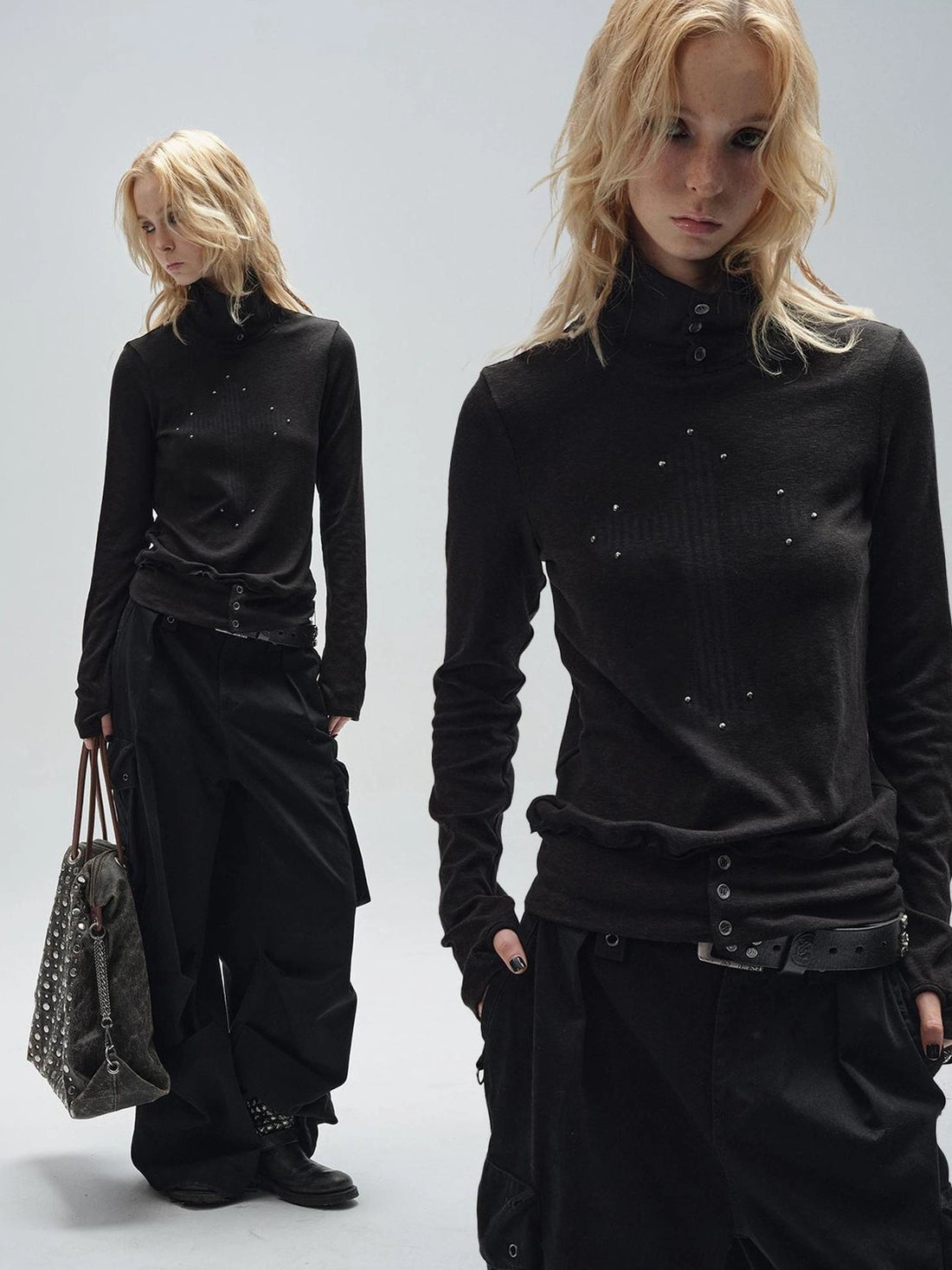 wear And tear Ribbed Punk Mock Neck Long Sleeve Tee With Cross And Grommets