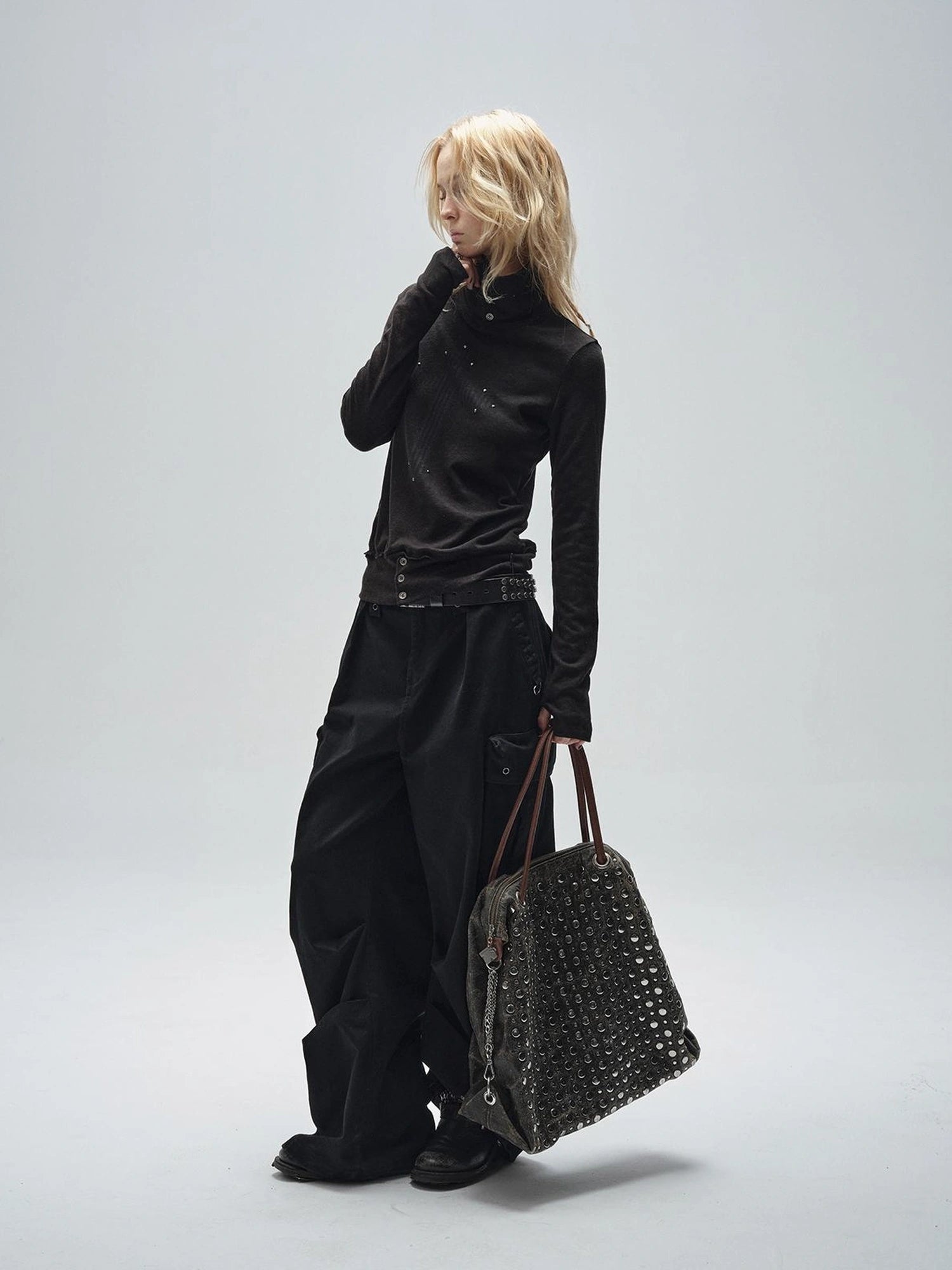 wear And tear Ribbed Punk Mock Neck Long Sleeve Tee With Cross And Grommets