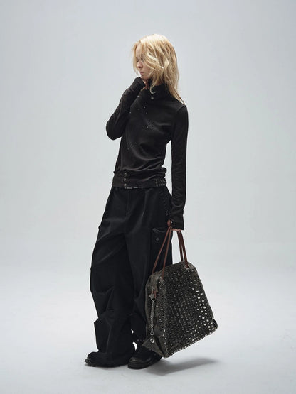wear And tear Ribbed Punk Mock Neck Long Sleeve Tee With Cross And Grommets
