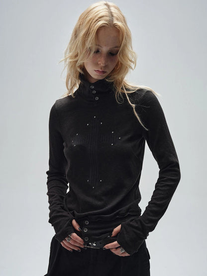 wear And tear Ribbed Punk Mock Neck Long Sleeve Tee With Cross And Grommets