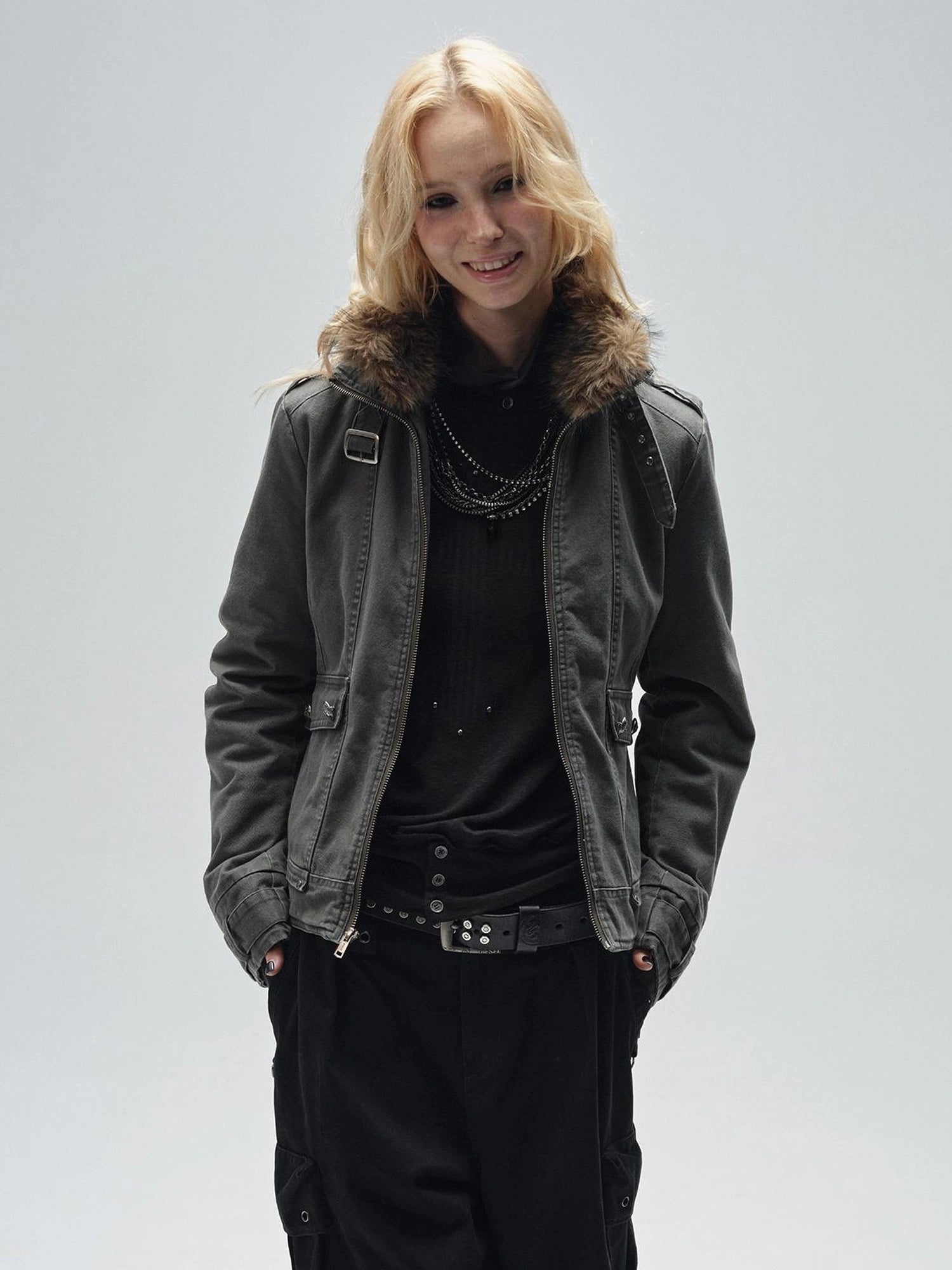 wear And tear Ribbed Punk Mock Neck Long Sleeve Tee With Cross And Grommets