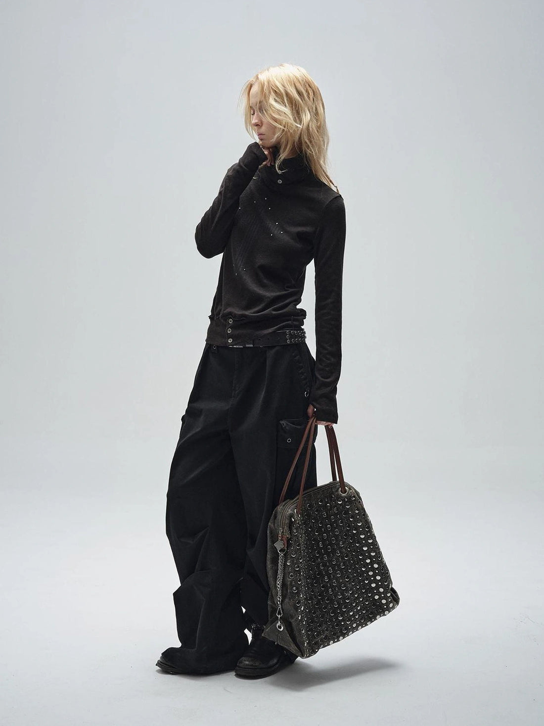 wear And tear Ribbed Punk Mock Neck Long Sleeve Tee With Cross And Grommets