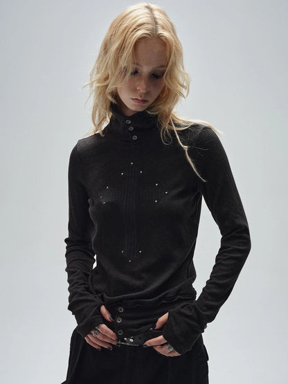 wear And tear Ribbed Punk Mock Neck Long Sleeve Tee With Cross And Grommets