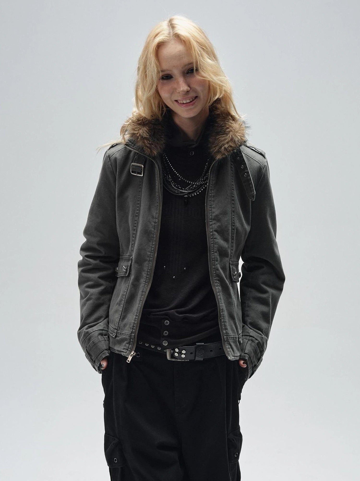 wear And tear Ribbed Punk Mock Neck Long Sleeve Tee With Cross And Grommets