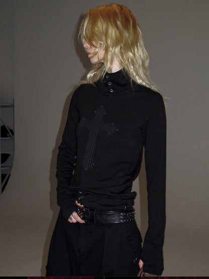 wear And tear Ribbed Punk Mock Neck Long Sleeve Tee With Cross And Grommets
