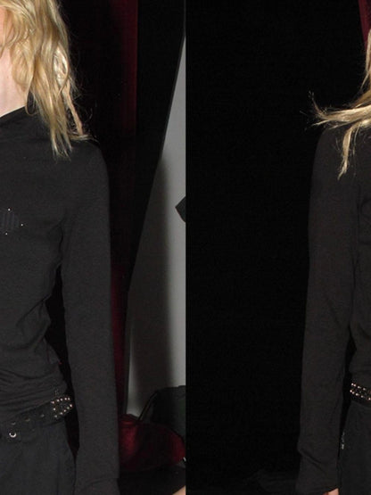 wear And tear Ribbed Punk Mock Neck Long Sleeve Tee With Cross And Grommets