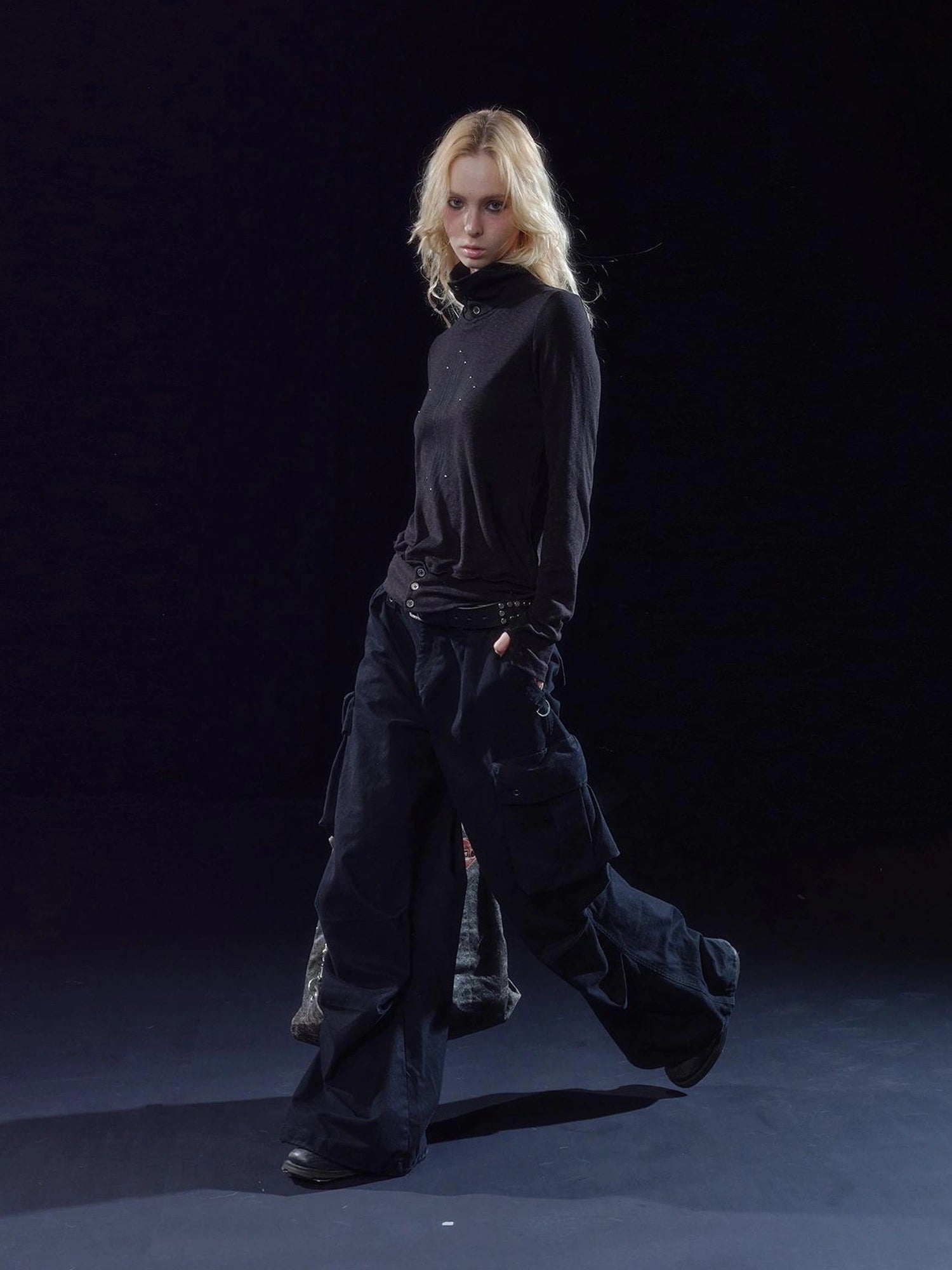 wear And tear Ribbed Punk Mock Neck Long Sleeve Tee With Cross And Grommets