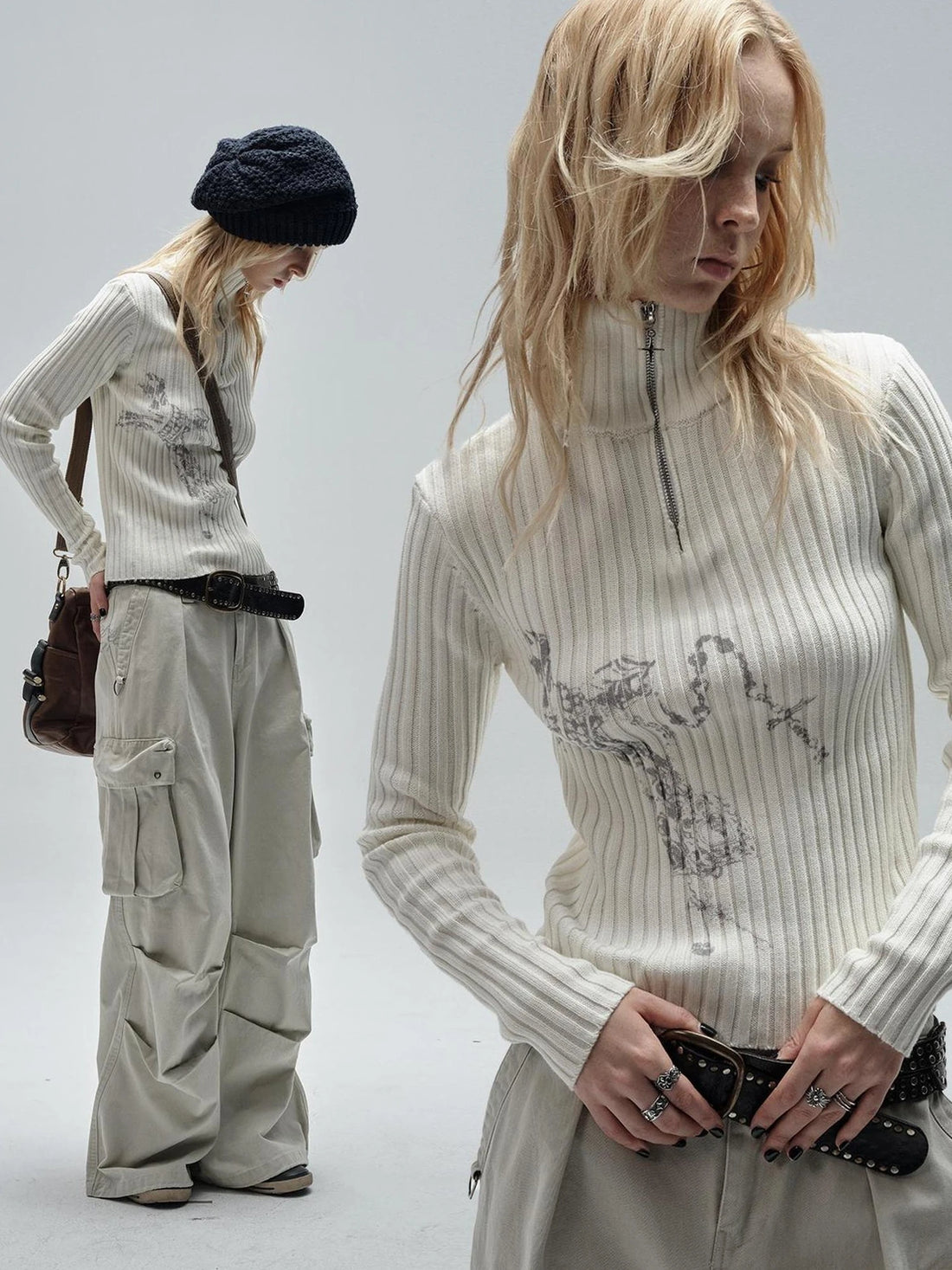 wear And tear Ribbed White Punk Zip Neck Sweater