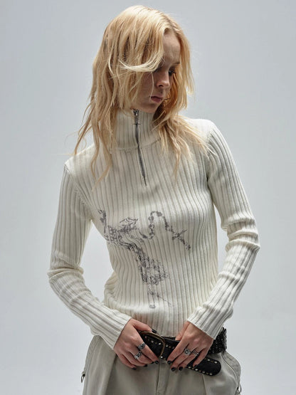 wear And tear Ribbed White Punk Zip Neck Sweater