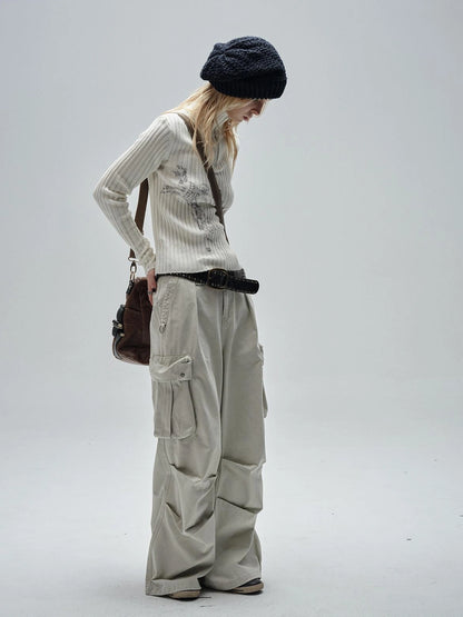 wear And tear Ribbed White Punk Zip Neck Sweater