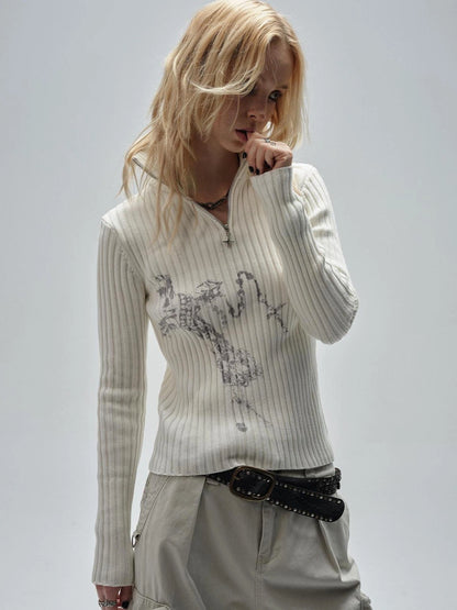 wear And tear Ribbed White Punk Zip Neck Sweater