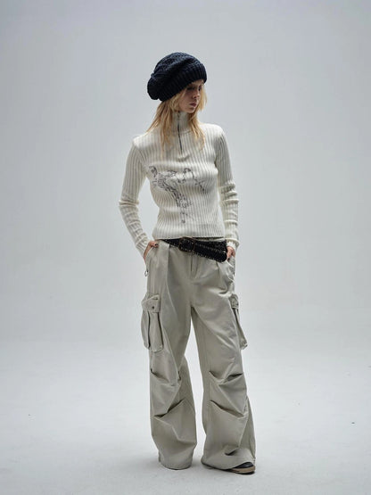 wear And tear Ribbed White Punk Zip Neck Sweater