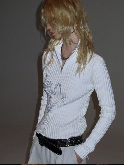 wear And tear Ribbed White Punk Zip Neck Sweater