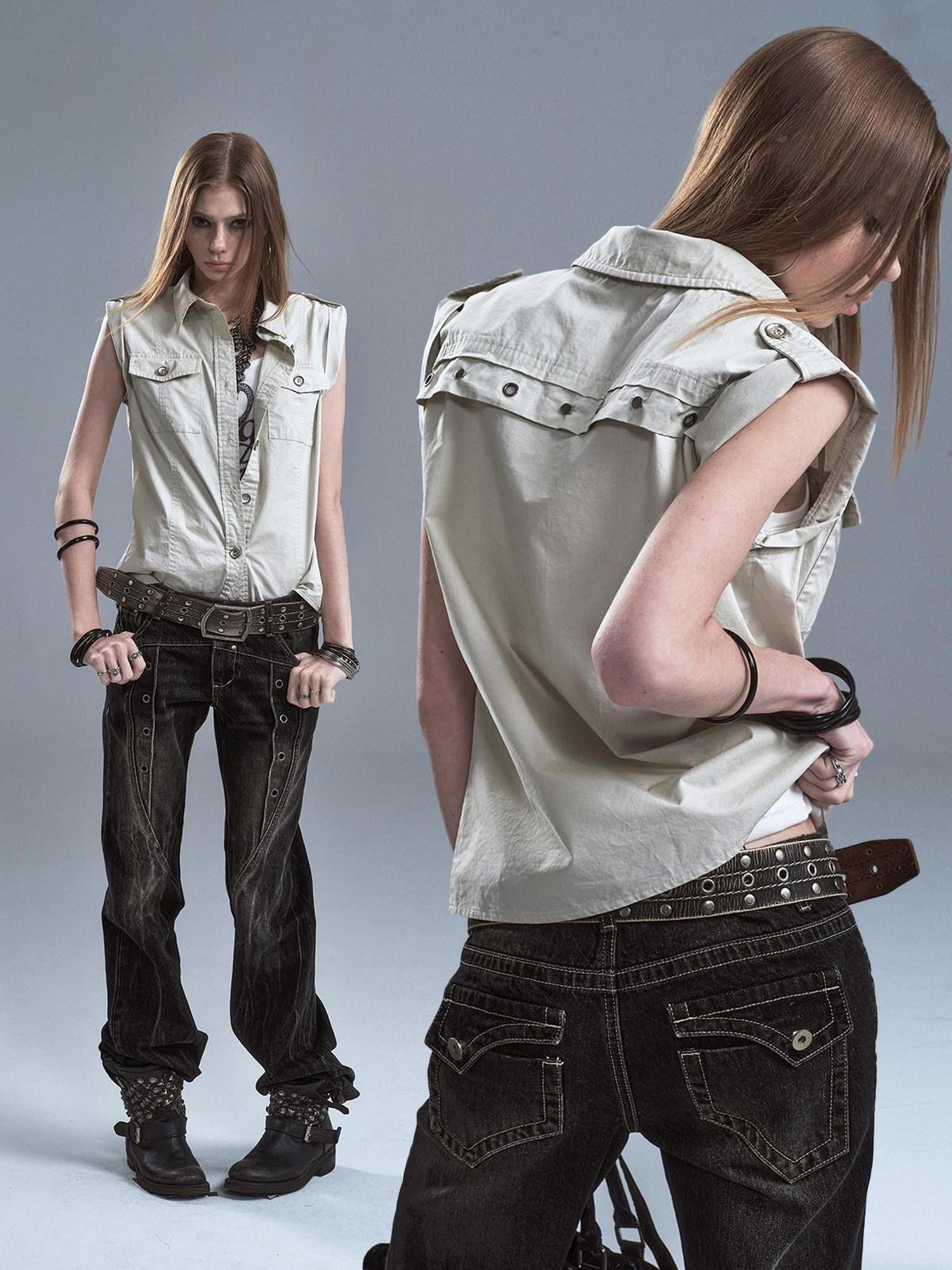 wear And tear Riveted Epaulet Back Split Double Pockets Washed Punk Women&