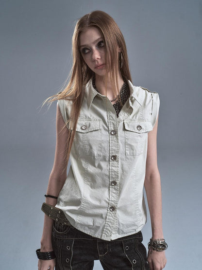 wear And tear Riveted Epaulet Back Split Double Pockets Washed Punk Women&