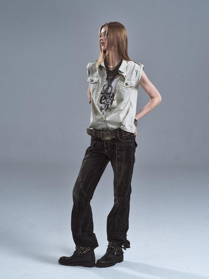 wear And tear Riveted Epaulet Back Split Double Pockets Washed Punk Women&