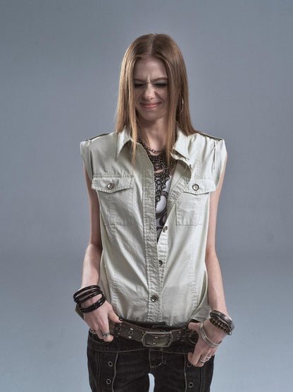 wear And tear Riveted Epaulet Back Split Double Pockets Washed Punk Women&