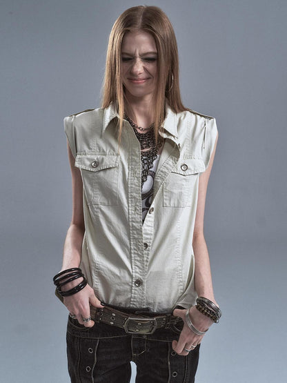 wear And tear Riveted Epaulet Back Split Double Pockets Washed Punk Women&