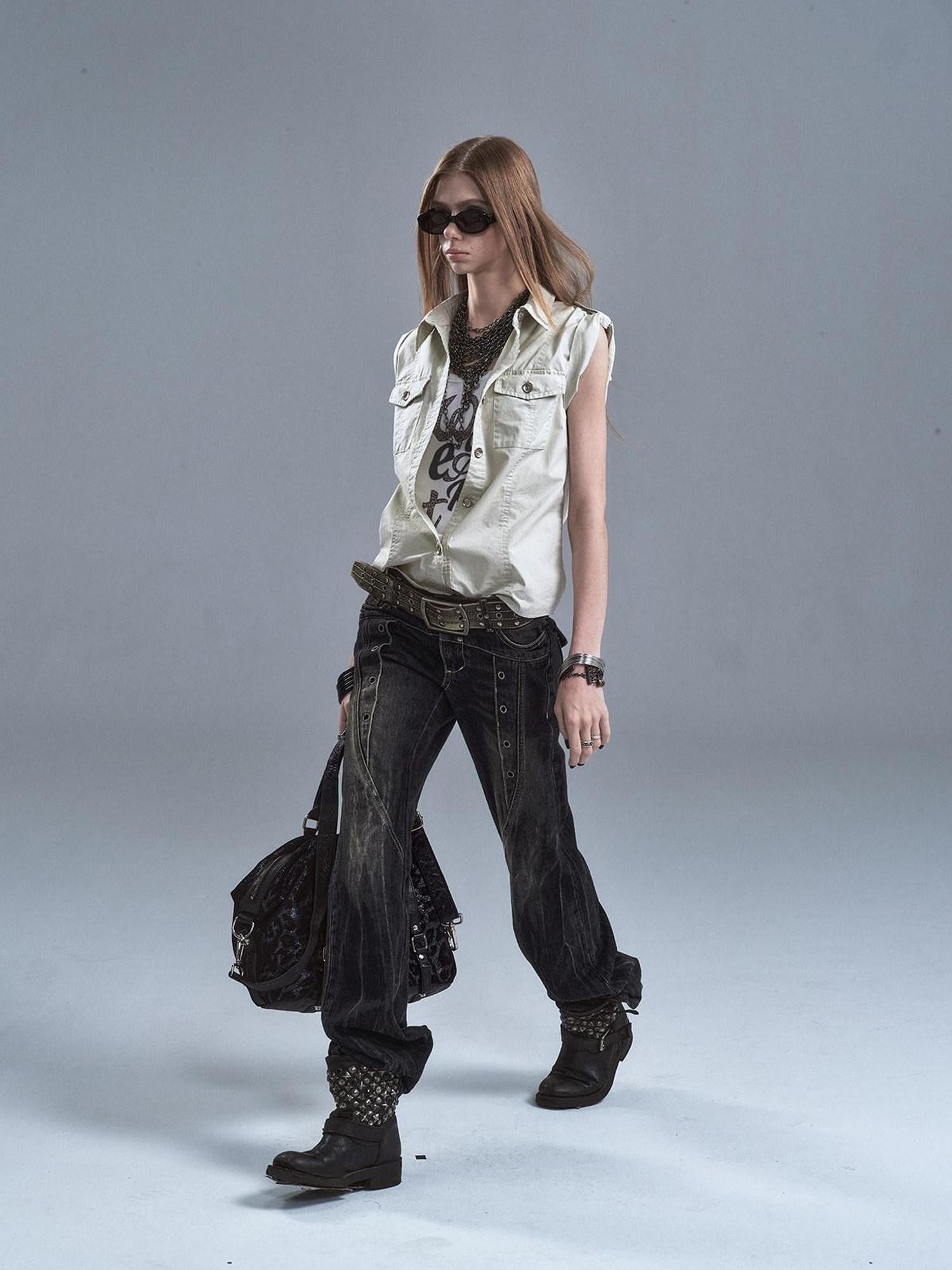 wear And tear Riveted Epaulet Back Split Double Pockets Washed Punk Women&