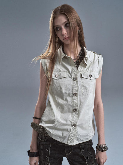wear And tear Riveted Epaulet Back Split Double Pockets Washed Punk Women&