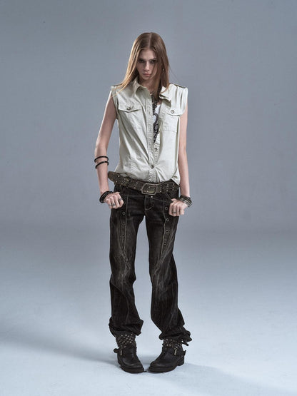 wear And tear Riveted Epaulet Back Split Double Pockets Washed Punk Women&