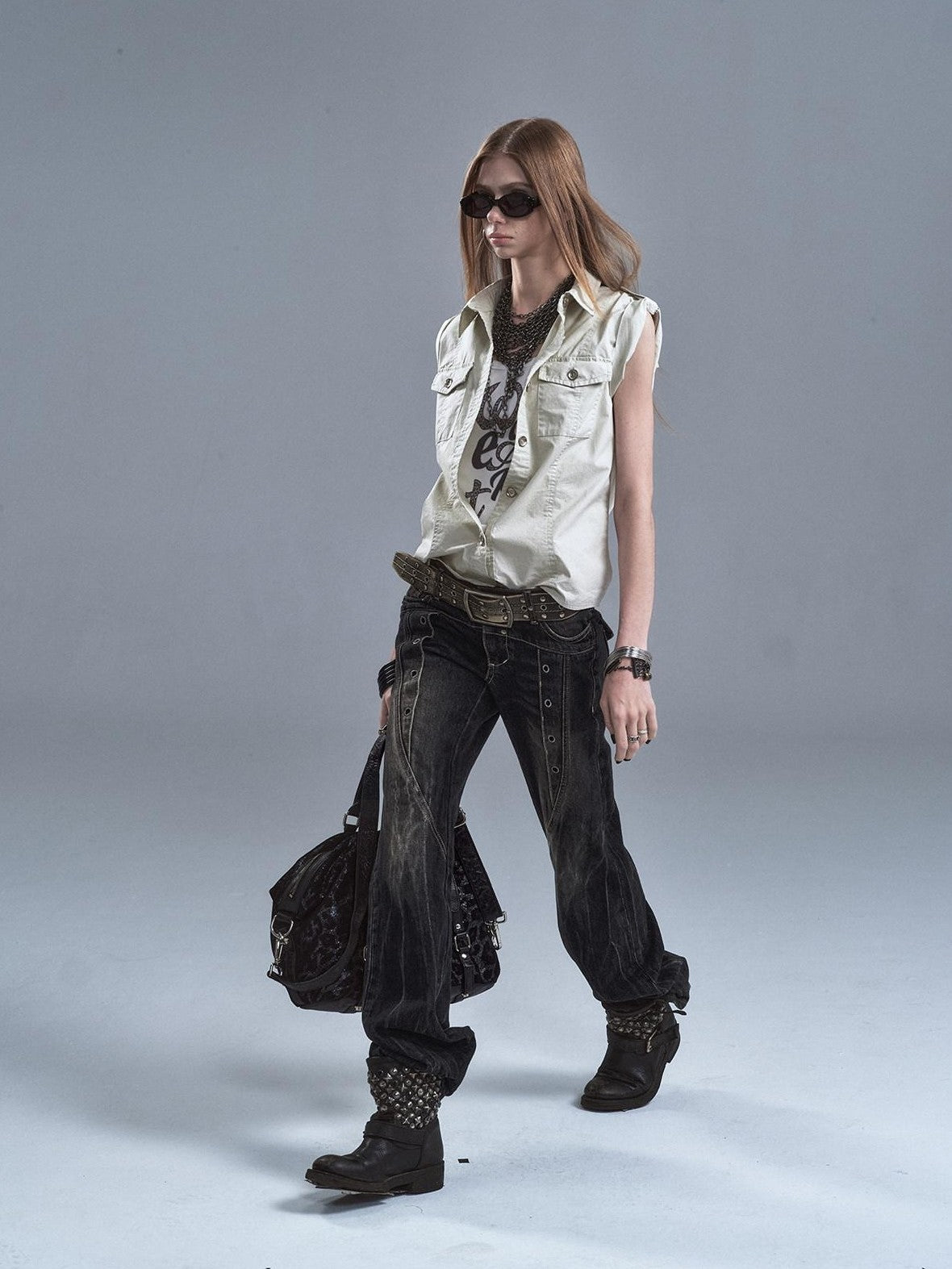 wear And tear Riveted Epaulet Back Split Double Pockets Washed Punk Women&