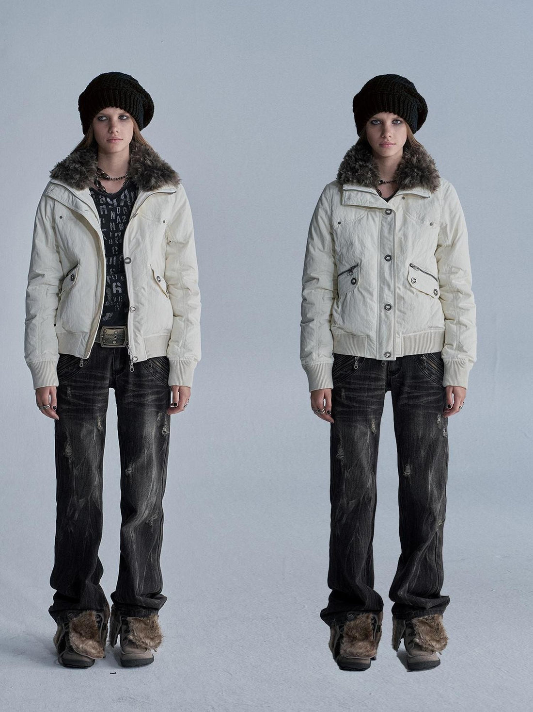 wear And tear Riveted Faux Fur Collar Two Way Zip Ribbed Women&