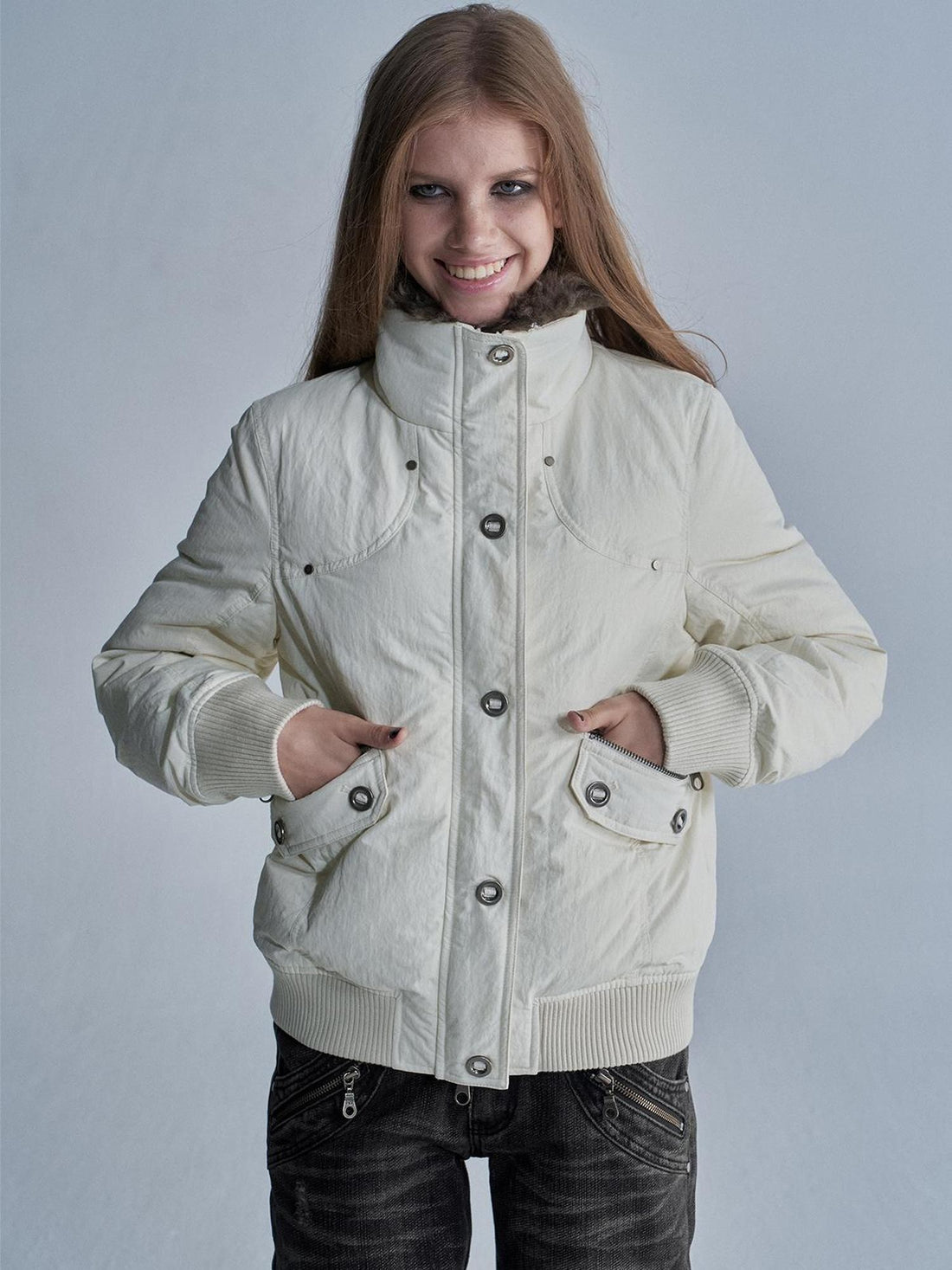 wear And tear Riveted Faux Fur Collar Two Way Zip Ribbed Women&
