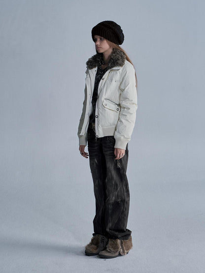 wear And tear Riveted Faux Fur Collar Two Way Zip Ribbed Women&