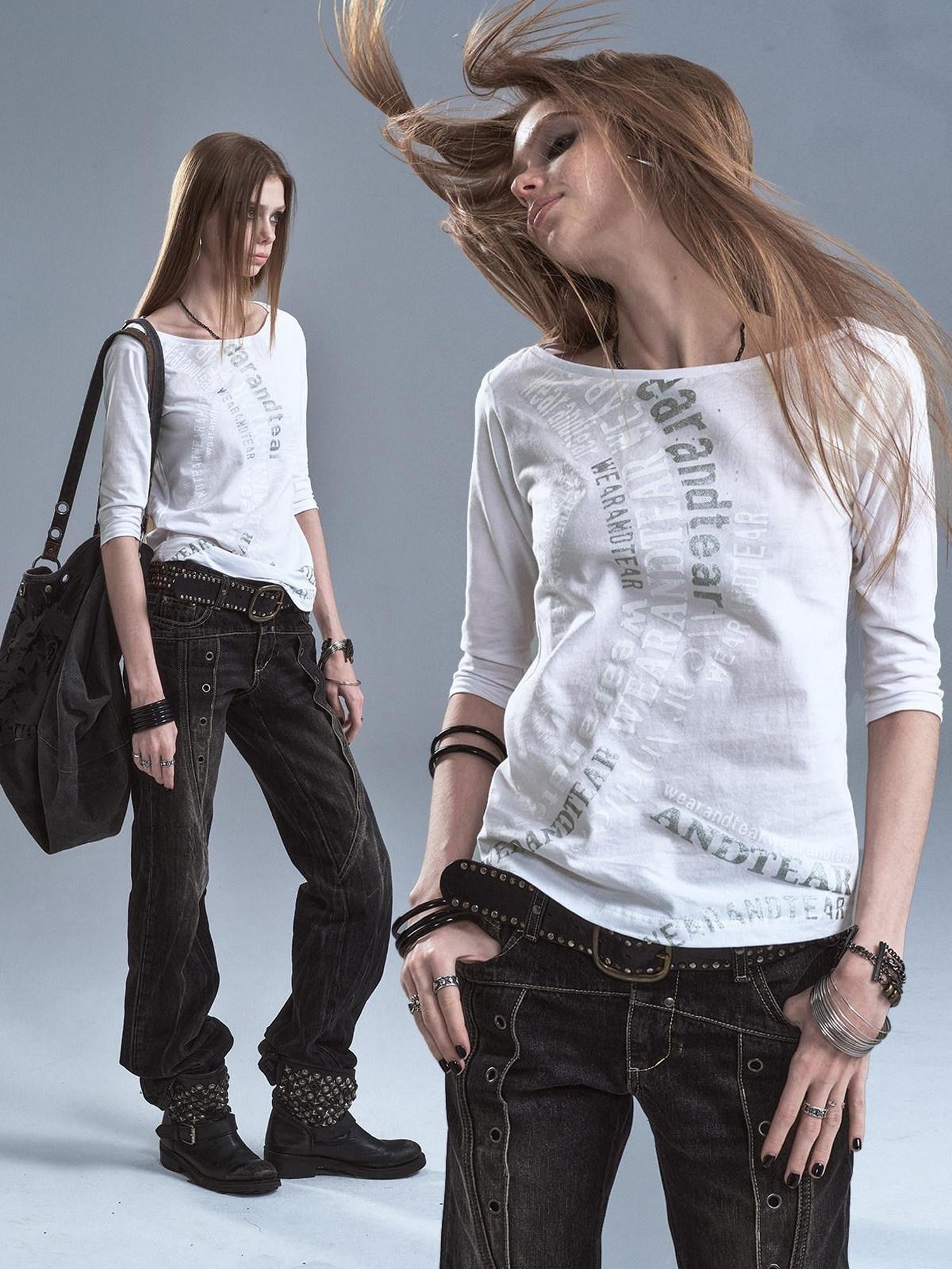 wear And tear Sheer Silver Foil Letter Print Boat Neck Women&