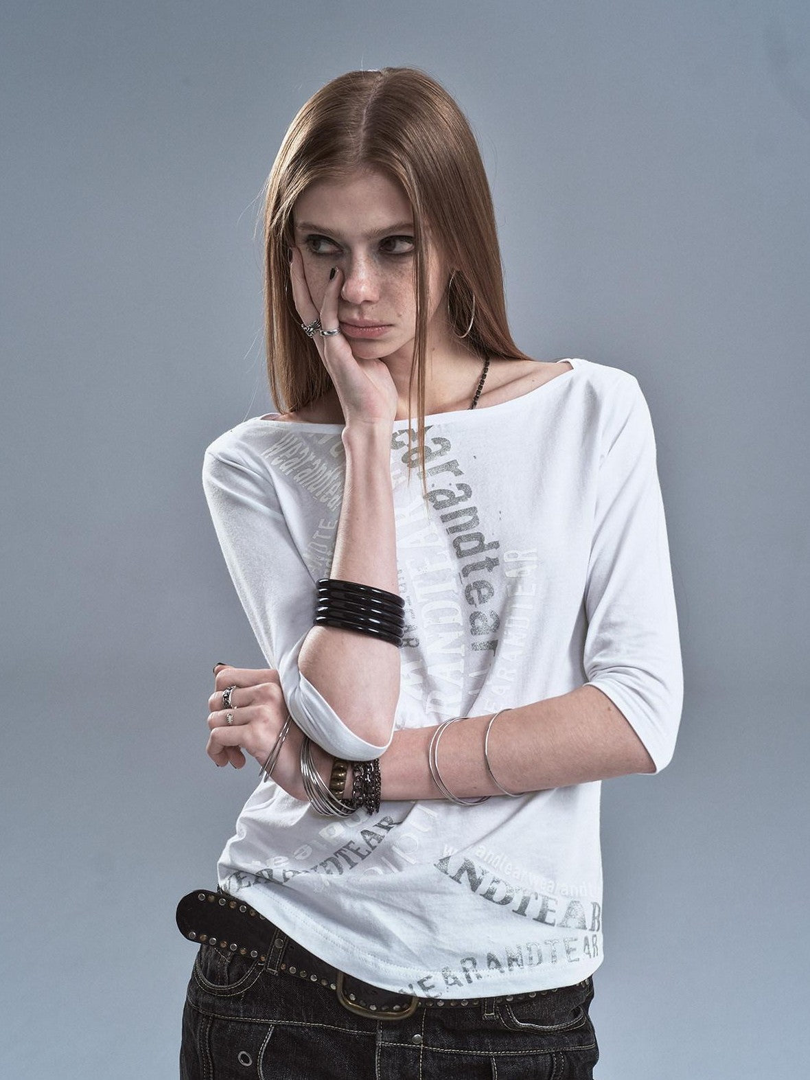 wear And tear Sheer Silver Foil Letter Print Boat Neck Women&