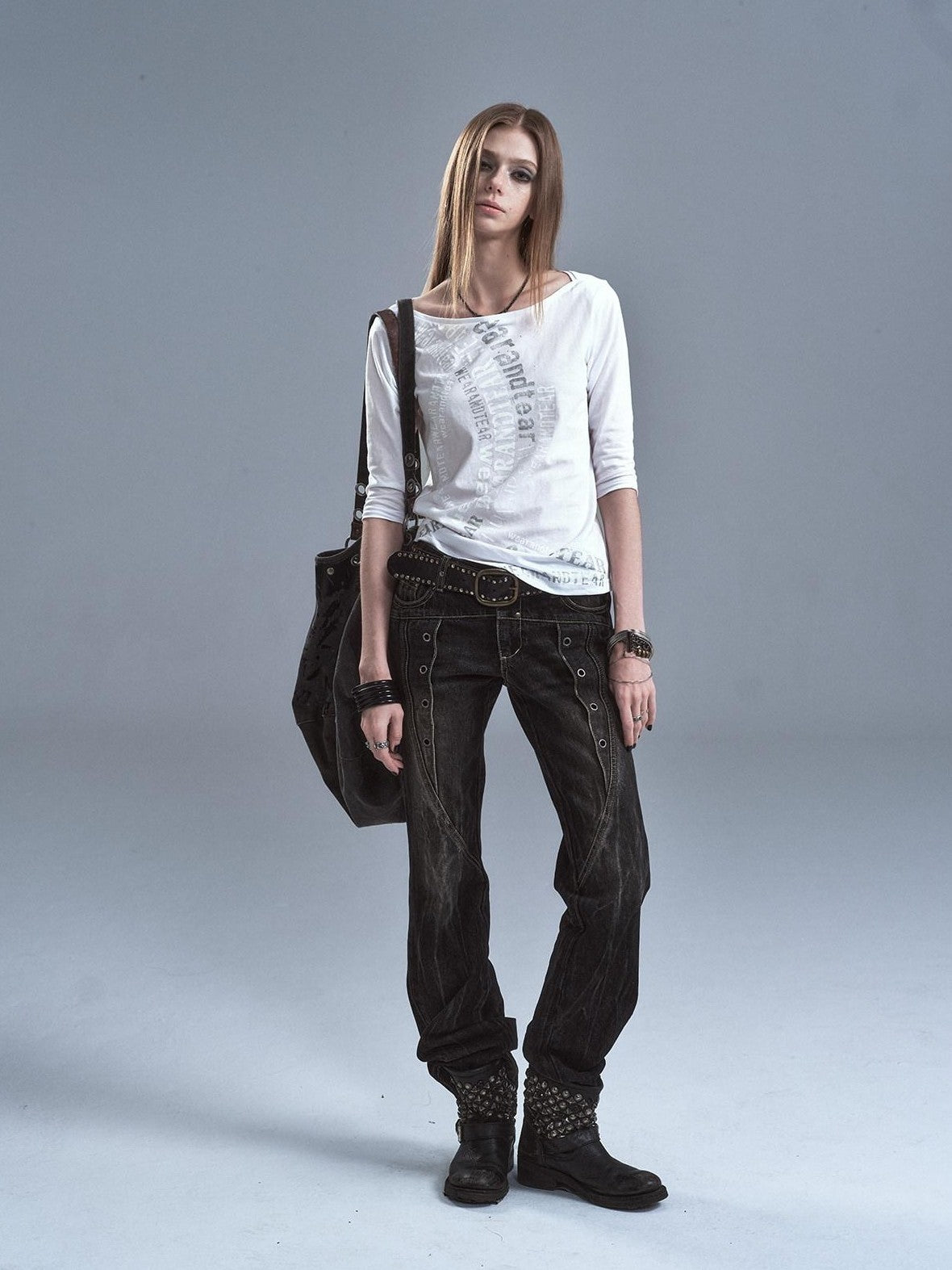 wear And tear Sheer Silver Foil Letter Print Boat Neck Women&