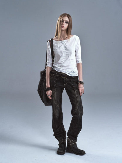 wear And tear Sheer Silver Foil Letter Print Boat Neck Women&