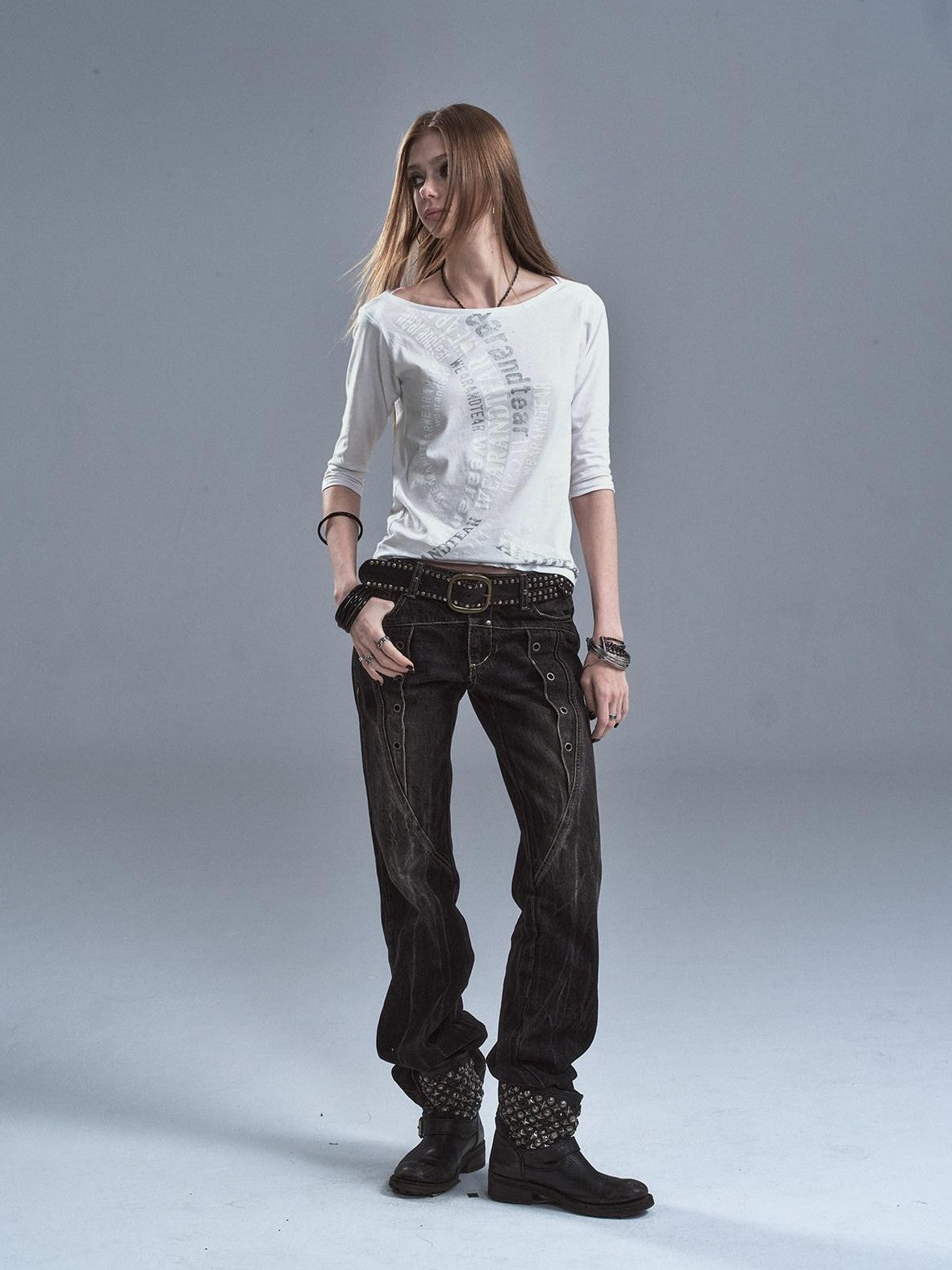 wear And tear Sheer Silver Foil Letter Print Boat Neck Women&