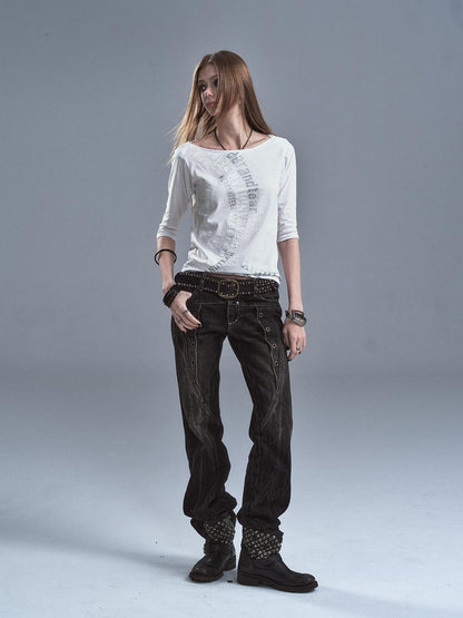 wear And tear Sheer Silver Foil Letter Print Boat Neck Women&