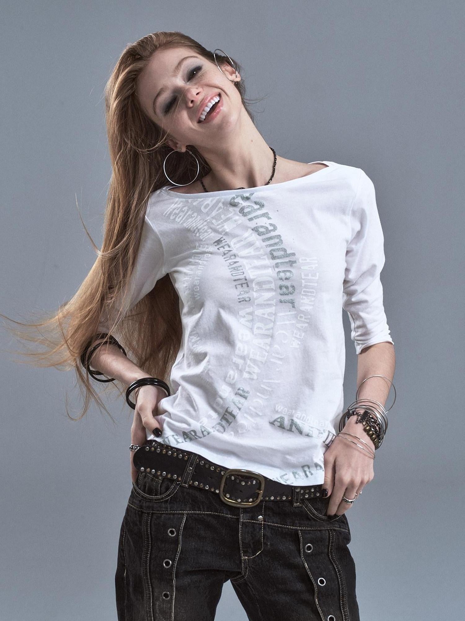 wear And tear Sheer Silver Foil Letter Print Boat Neck Women&