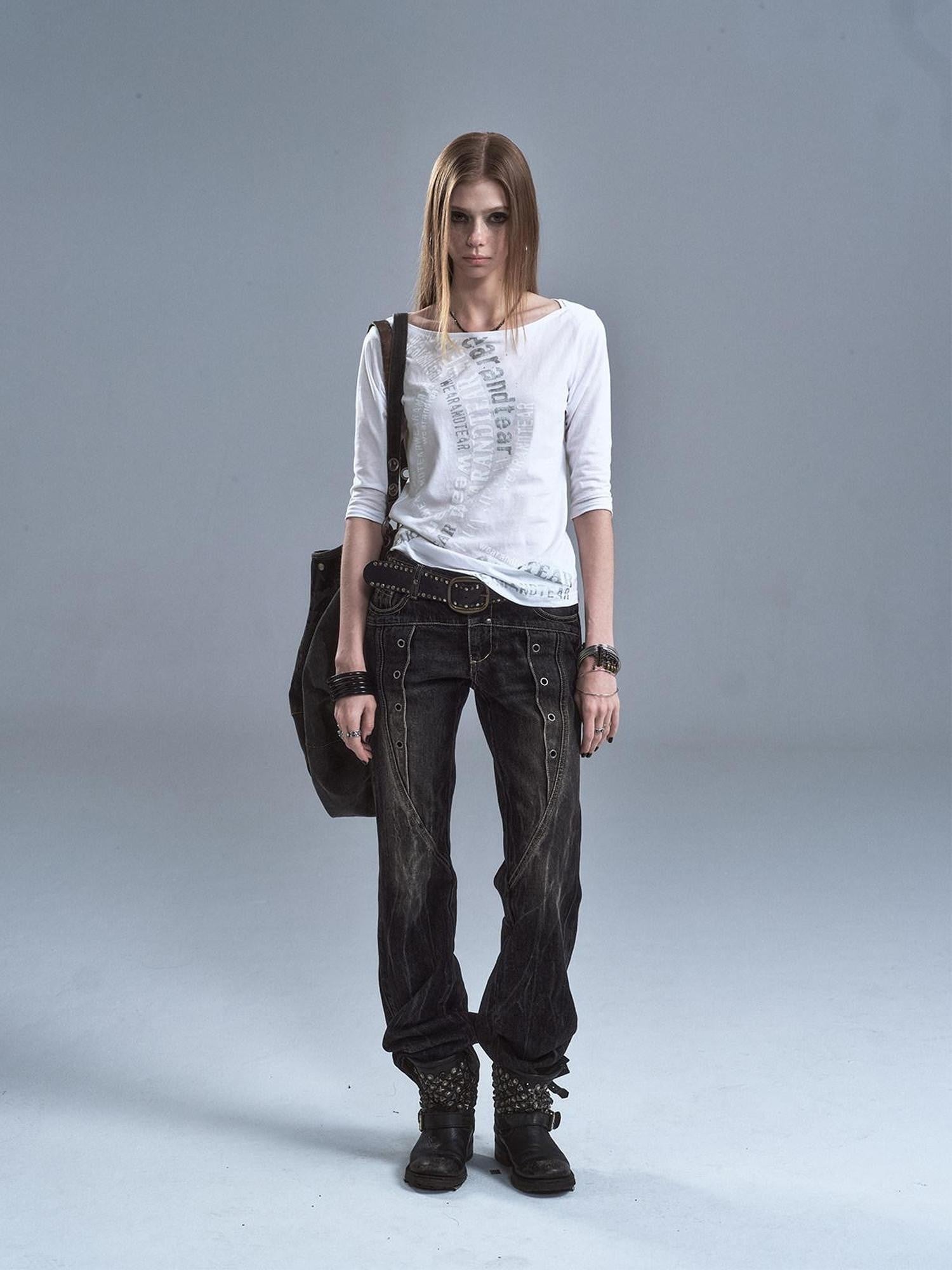 wear And tear Sheer Silver Foil Letter Print Boat Neck Women&
