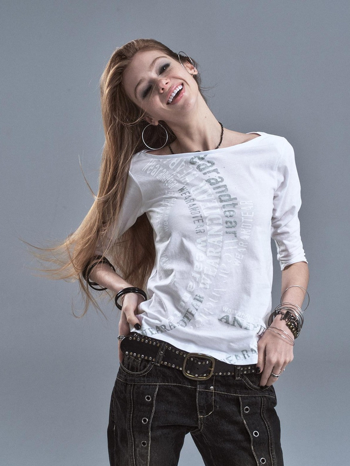 wear And tear Sheer Silver Foil Letter Print Boat Neck Women&
