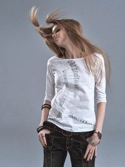 wear And tear Sheer Silver Foil Letter Print Boat Neck Women&