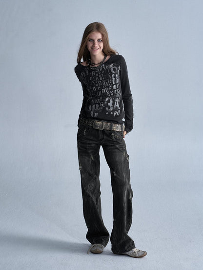 wear And tear Silver Allover Print Asymmetric V-neck Women&