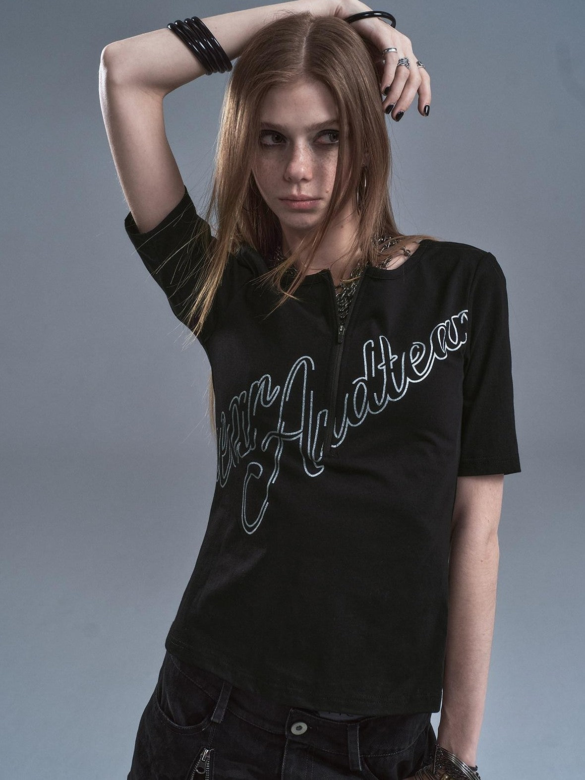 wear And tear Silver Letter Print Half Zip Punk Slim Women&