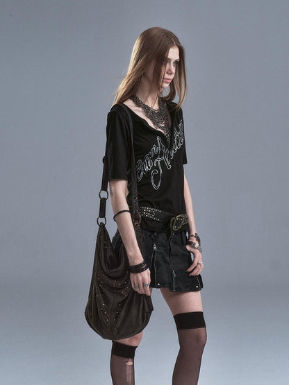 wear And tear Silver Letter Print Half Zip Punk Slim Women&