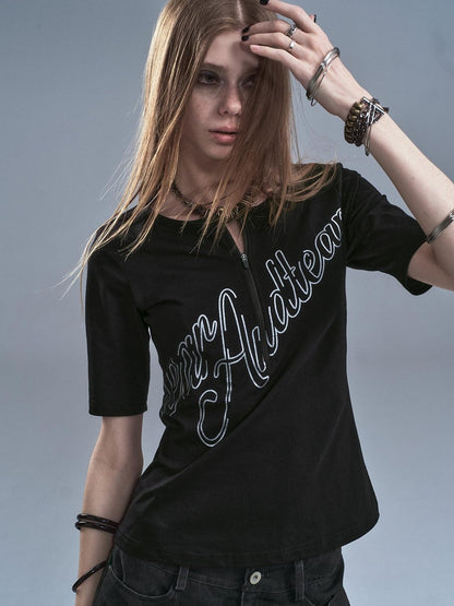 wear And tear Silver Letter Print Half Zip Punk Slim Women&