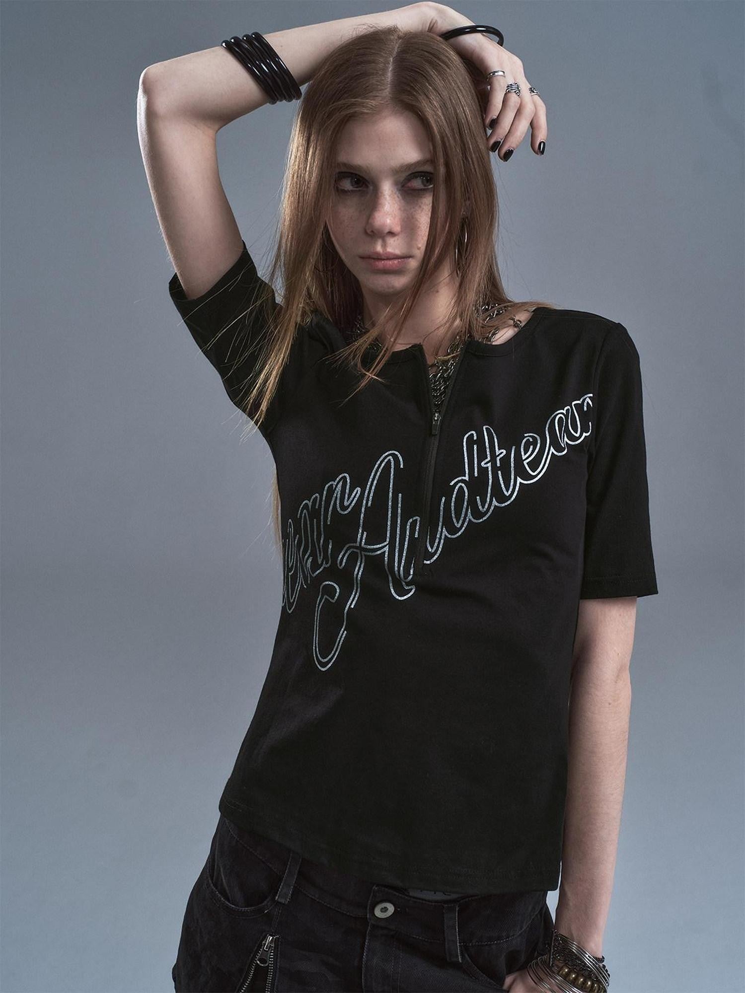 wear And tear Silver Letter Print Half Zip Punk Slim Women&