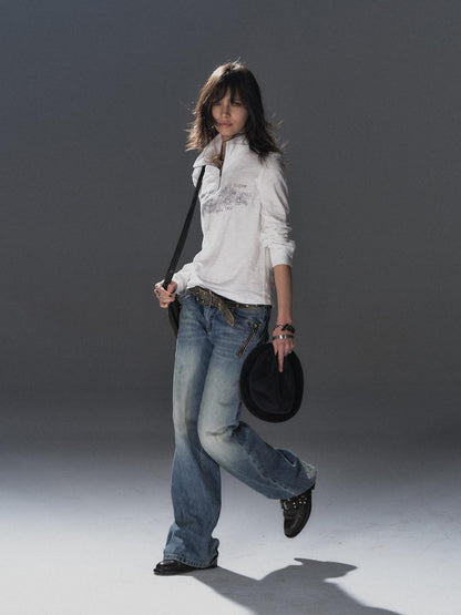 wear And tear Soft Cotton Punk Loose Fit Stand Collar Zip Long Sleeve Women Graphic T-Shirt