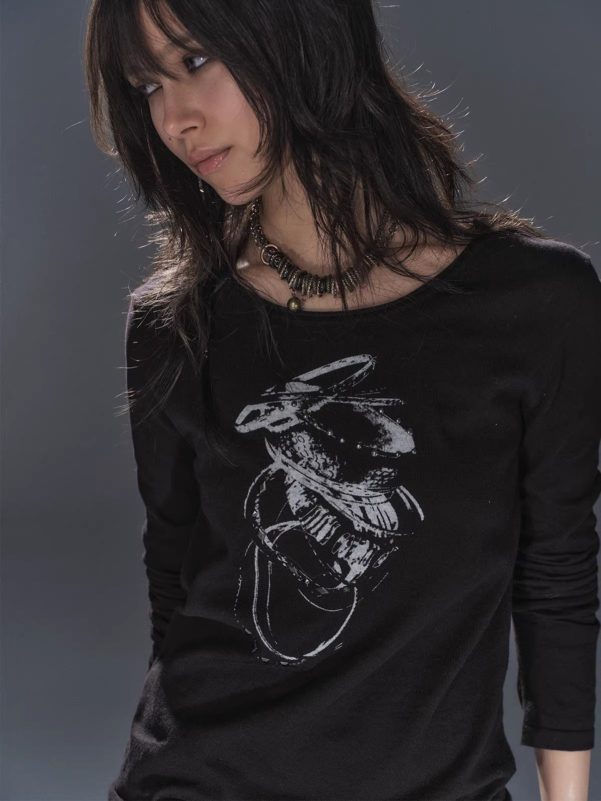 wear_And_tear_Soft_Punk_Studded_Printed_Women_Slim_Long_Sleeve_Cotton_Crew_Neck_T-Shirt_MISSTT