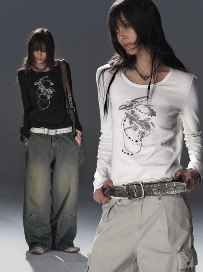 wear And tear Soft Punk Studded Printed Women Slim Long Sleeve Cotton Crew Neck T-Shirt